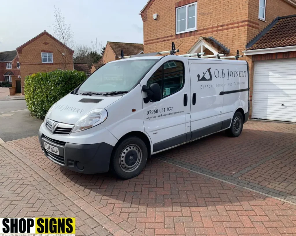 White company van with O.B Joinery logo and contact details parked outside a residential property