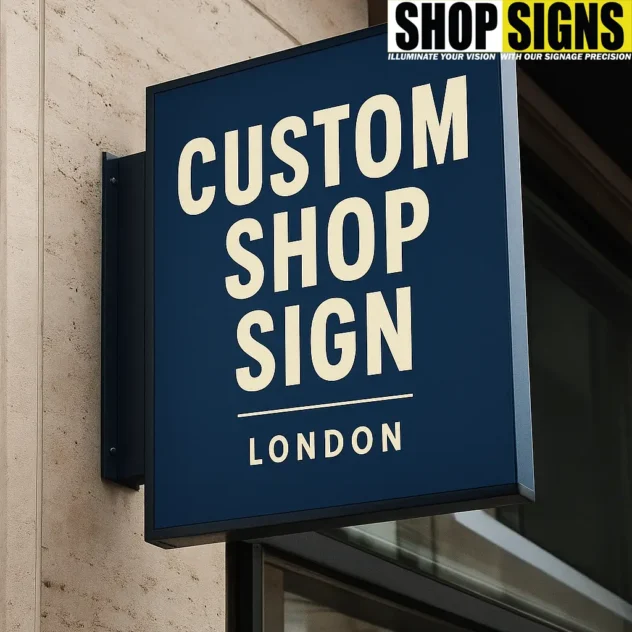 A digital photograph showcases a custom shop sign mounted on a London storefront, featuring bold cream text on a dark blue background.