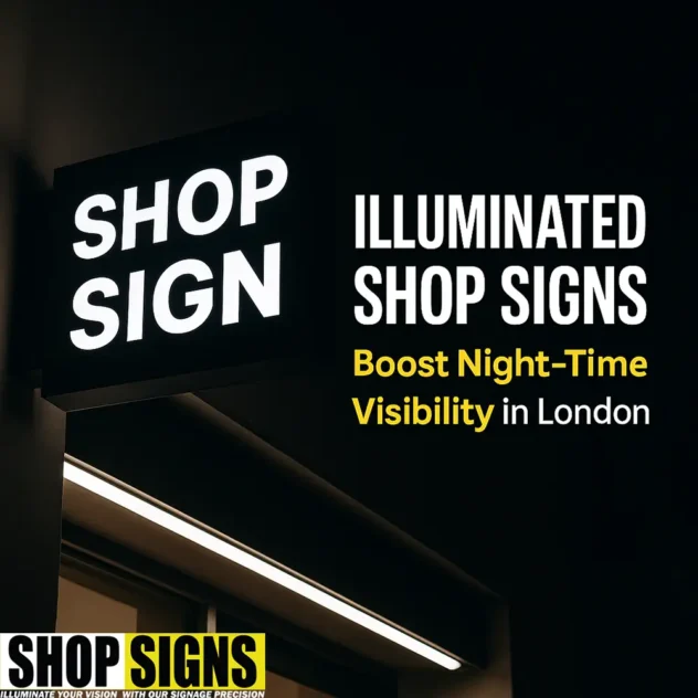 A digital photograph captures an illuminated shop sign at night reading "SHOP SIGN", alongside the headline "Boost Night-Time Visibility in London"
