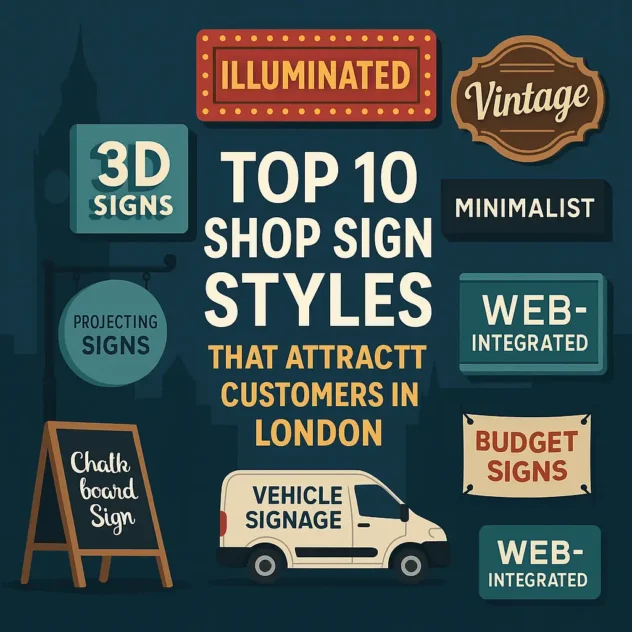 Illustration of ten shop sign styles in London including illuminated, 3D, vintage, vehicle signage, and more