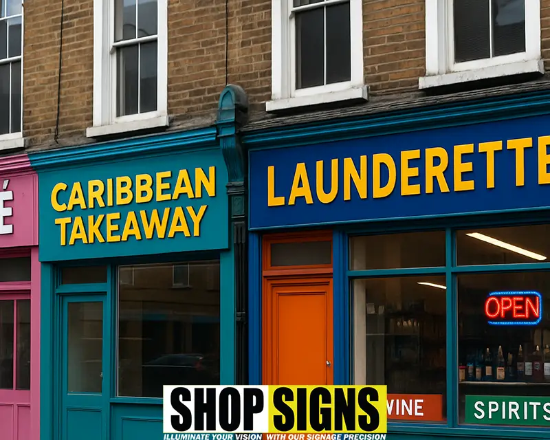 Vibrant shopfront signs on a busy street in London