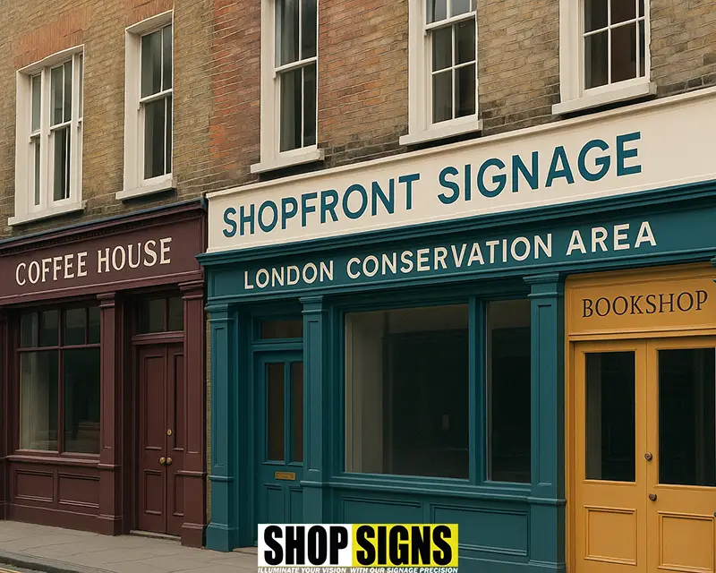 A shopfront in a London conservation area with subtle, regulation-compliant signage