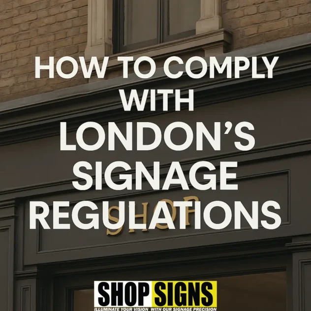 Classic London shopfront with the article title “How to Comply with London’s Signage Regulations” in bold overlay