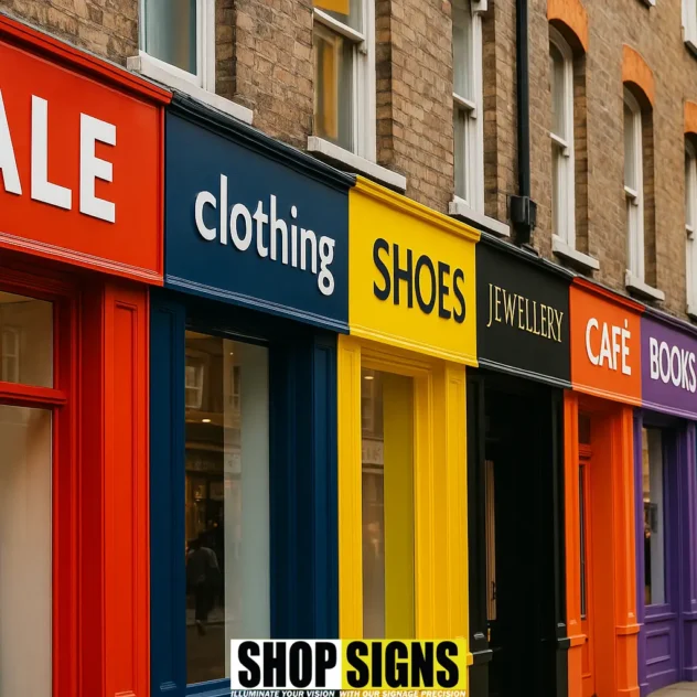 A colourful row of London shopfront signs showing bold colour choices used to attract different customer types
