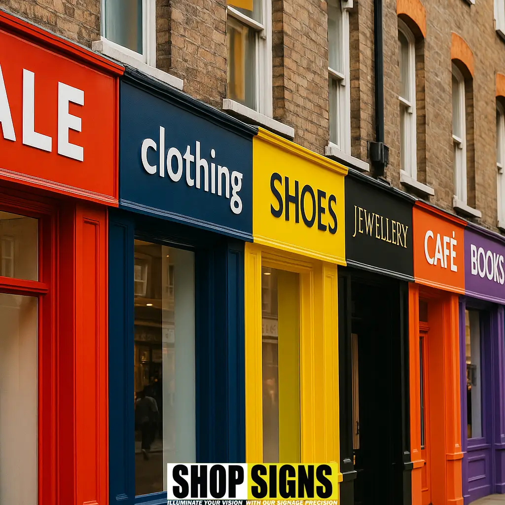 A colourful row of London shopfront signs showing bold colour choices used to attract different customer types