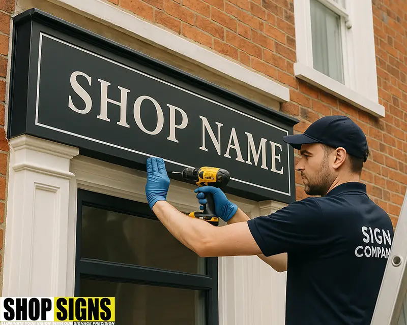 Team of sign installers setting up a legal shop sign on a London building