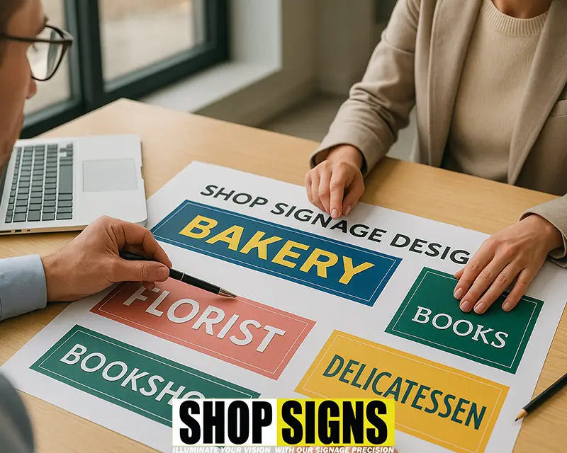 A UK signage expert consulting with a business owner about shopfront colours