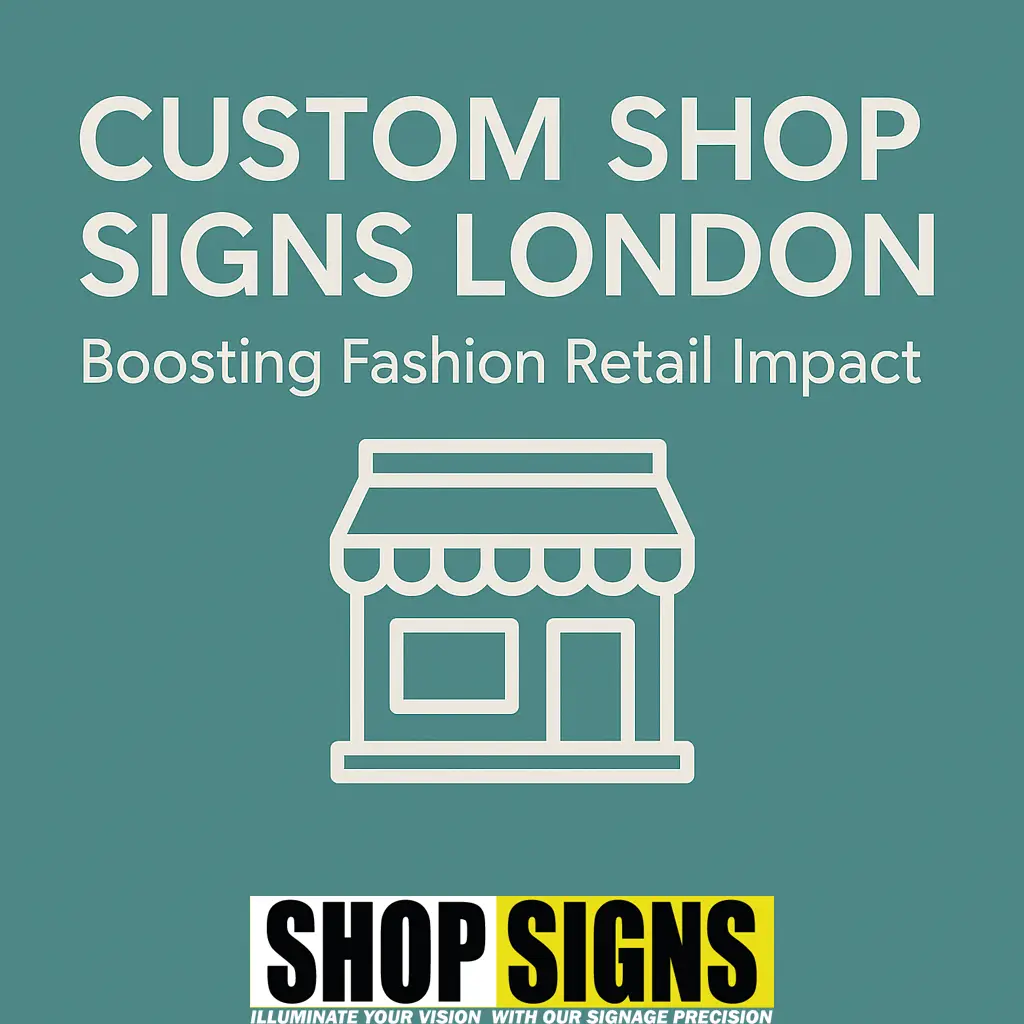 Promotional graphic for “Custom Shop Signs London” with teal background and white shopfront icon