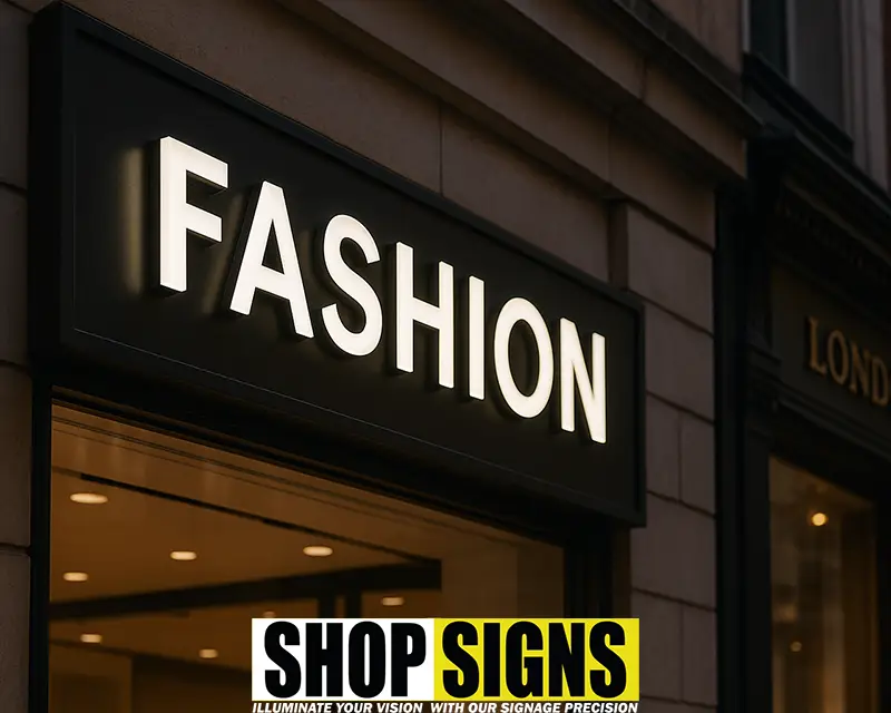 Evening view of illuminated shop sign in London