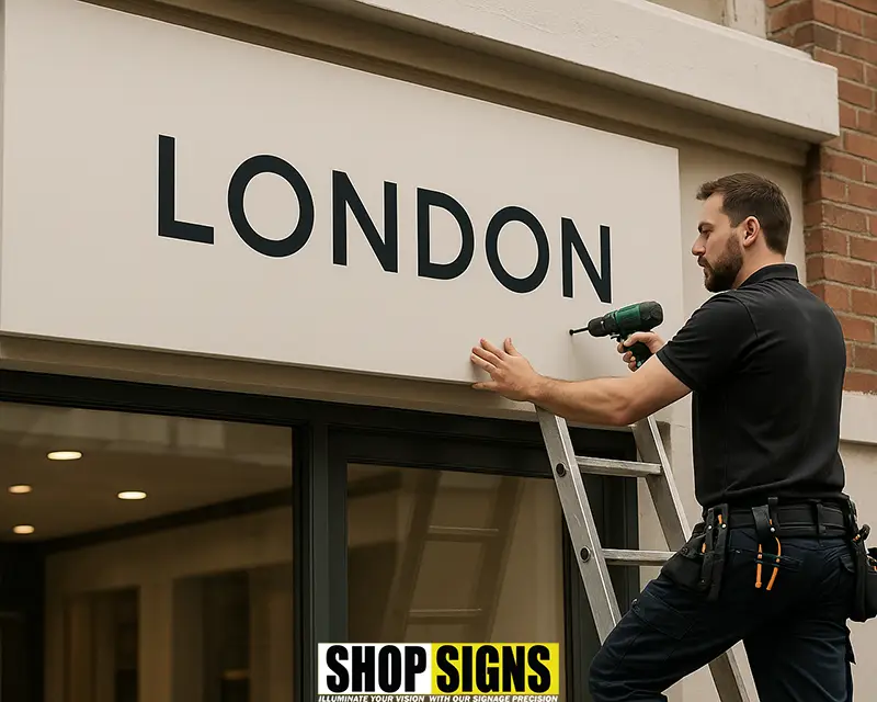 Professional installer fitting a sign to a shopfront in central London