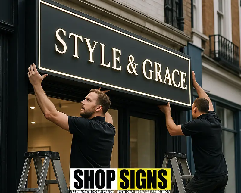 Professional team installing shop sign on fashion store