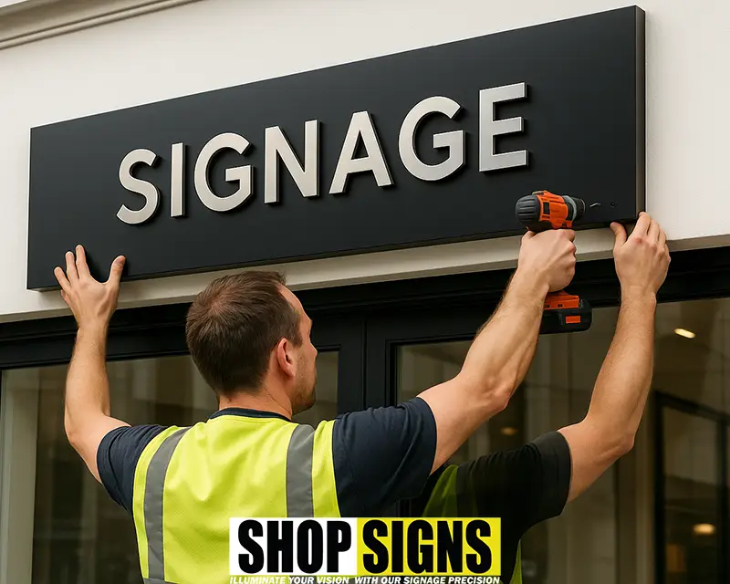 Person marking measurements on shopfront for sign installation