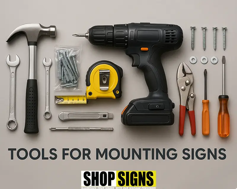 Installation tools including drill, plugs, and brackets laid out on a workbench